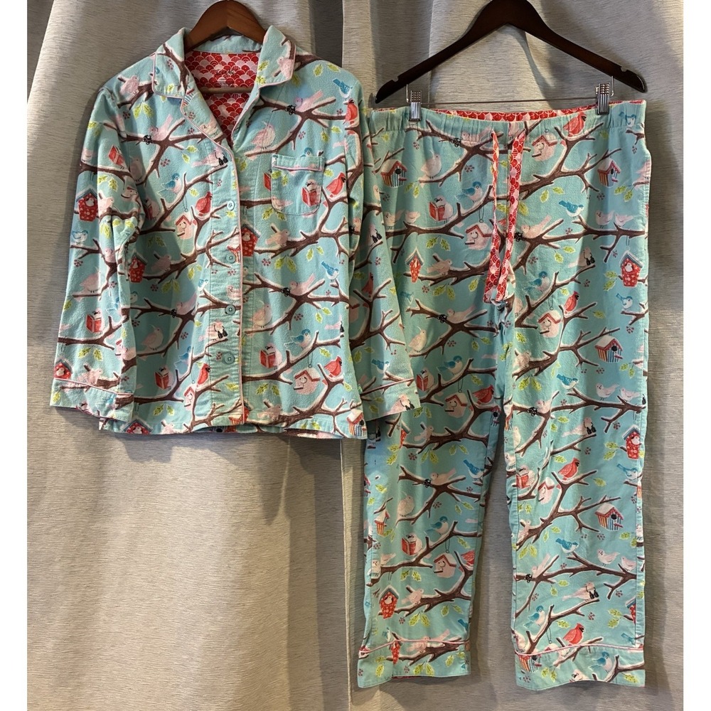 Nick and Nora Women's Flannel Christmas Birds Pajama Set Size M Blue Pink Cotton